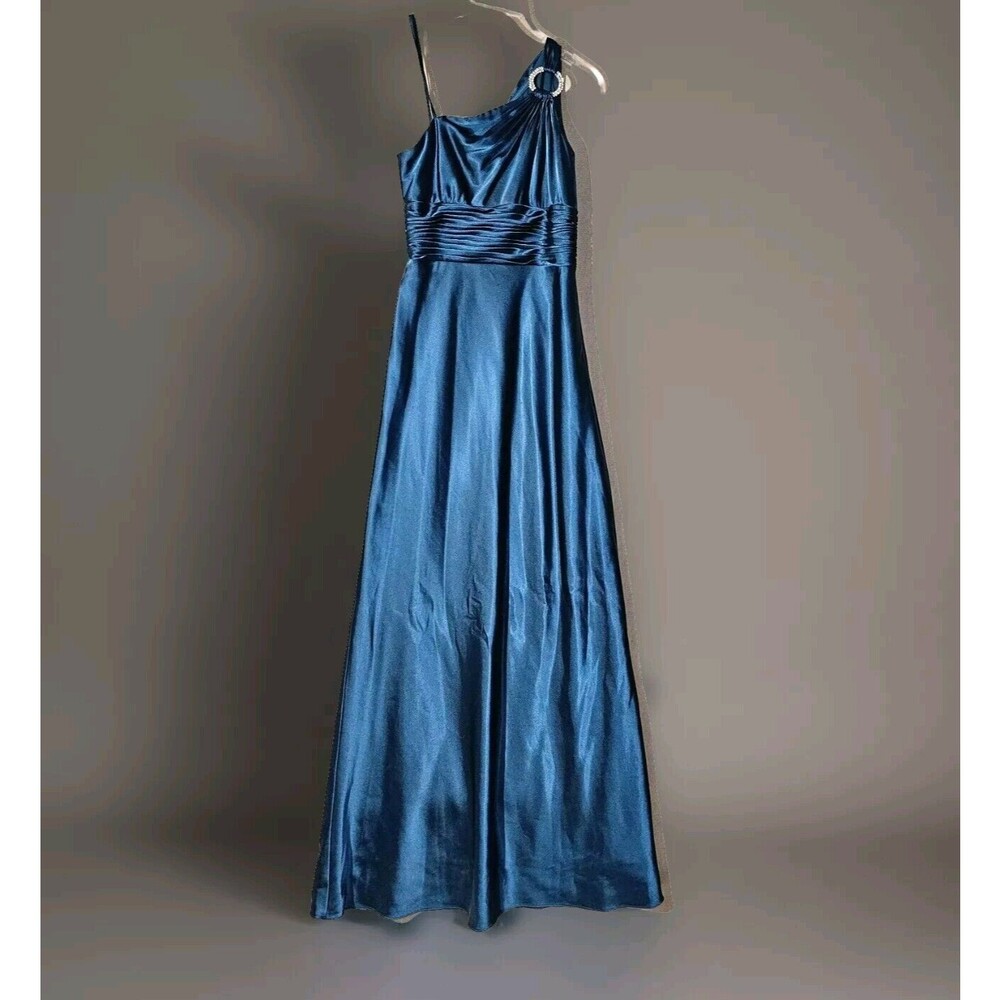 Adrianna Papell Satin One Shoulder Gown Size 4 Rhinestone Embellished Princess
